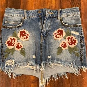 Free People Embroidered and Studded Denim Skirt